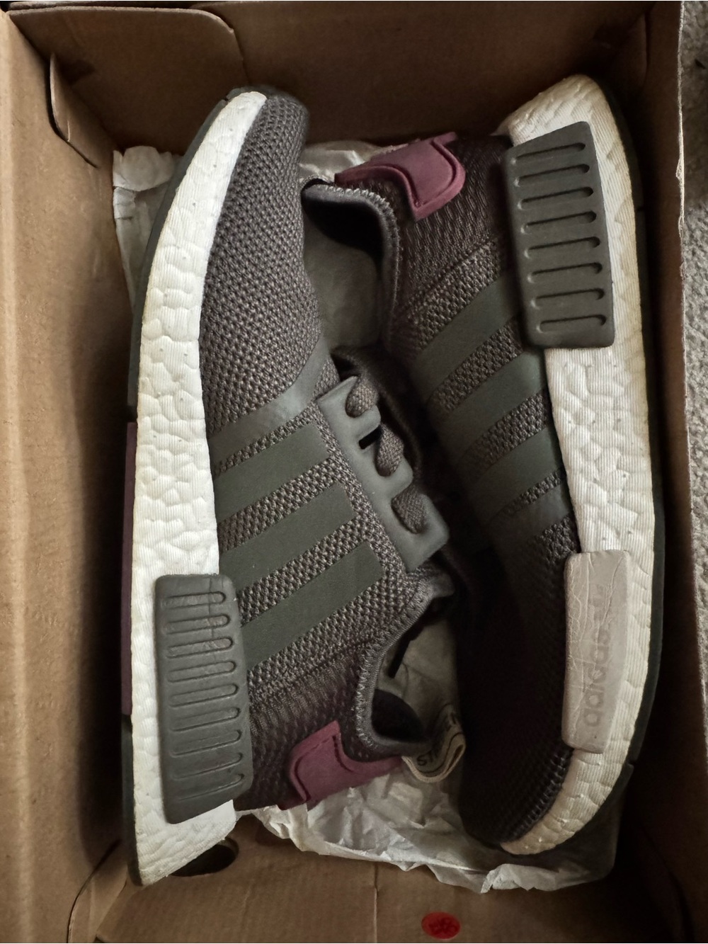 adidas NMD_R1 Black Knit Sneakers with Burgundy Heel